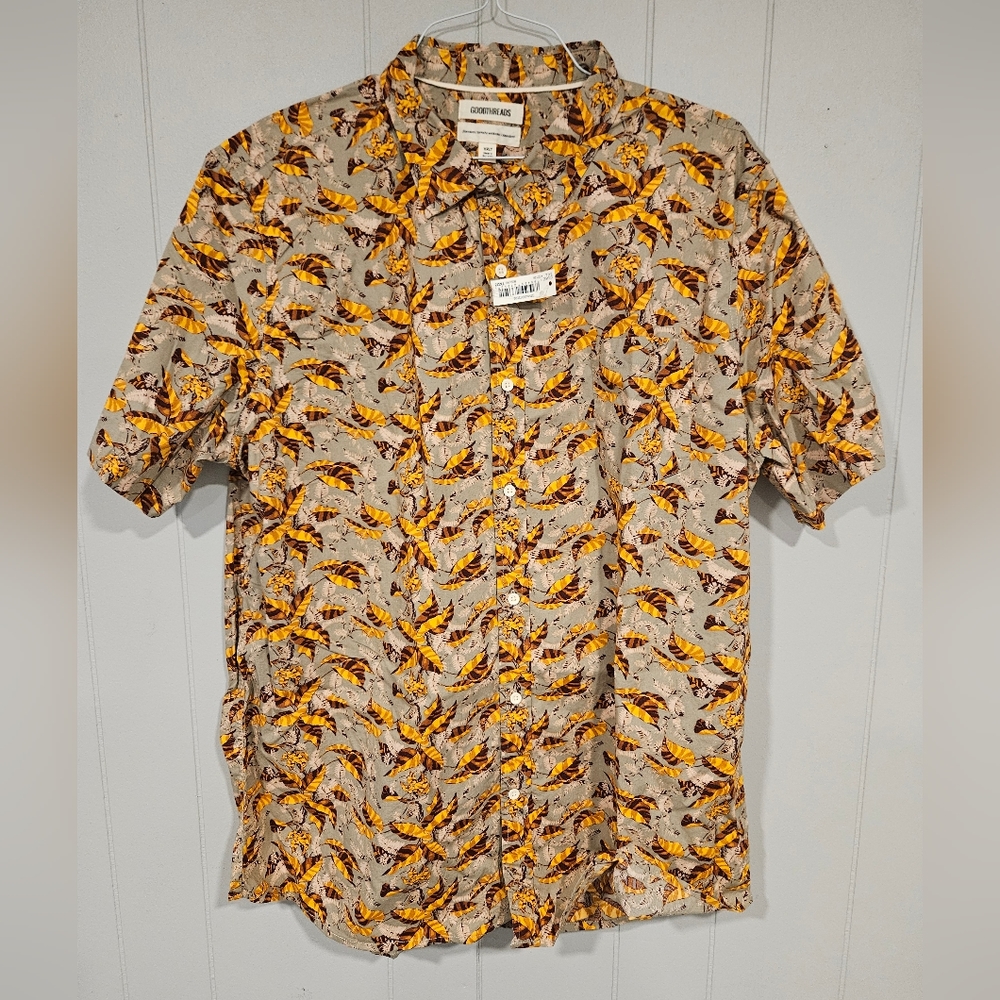 Goodthreads Mens Slim-Fit Short-Sleeve Stretch Poplin Shirt Leaf Pattern XXL NWT